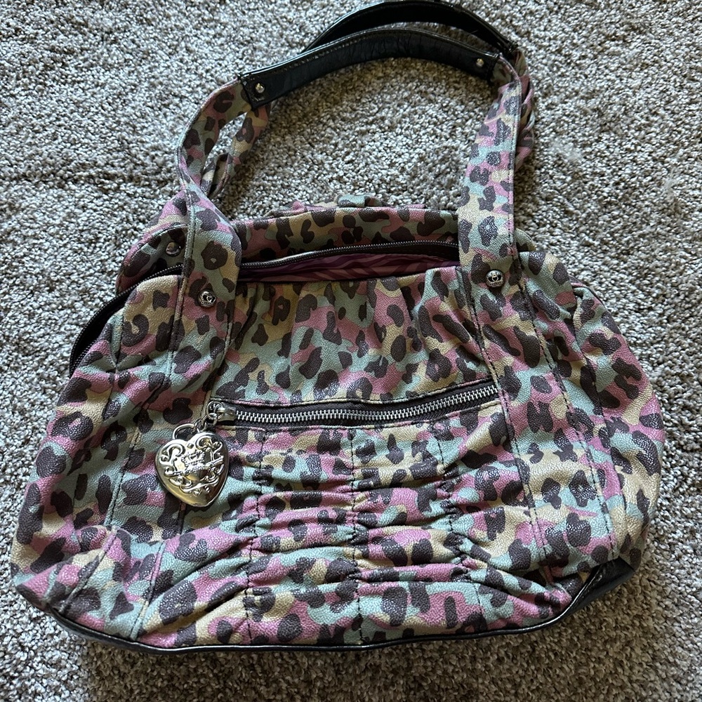Y2K Kathy Van Zeeland Camo Bag with Pink Zebra Interior